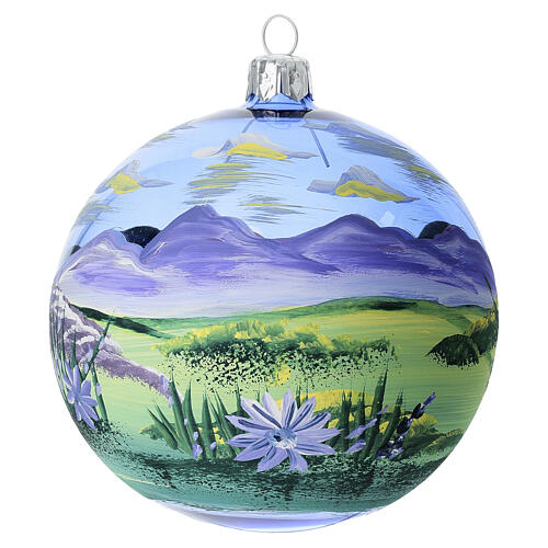 Blue spherical ball, mountain landscape, blown glass, 4 in 4