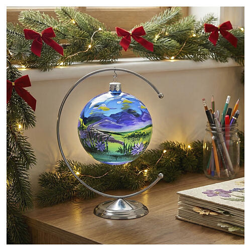 Blue spherical ball, mountain landscape, blown glass, 4 in 2