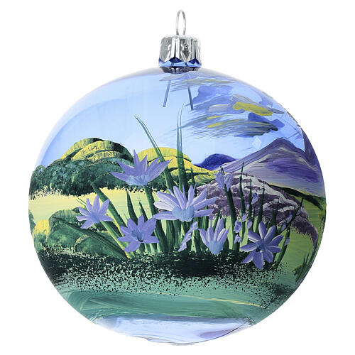 Blue spherical ball, mountain landscape, blown glass, 4 in 3
