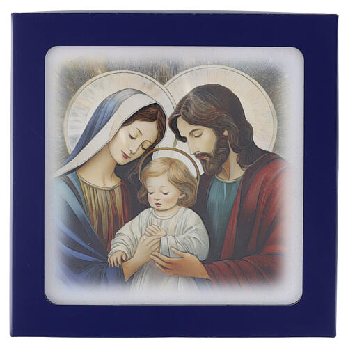 Quadretto legno Sacra Famiglia neomoderna 20x20 cm con scatola 3
