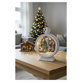White Christmas lantern with children on sleigh and lights, 10 in, Bagutta Tendence