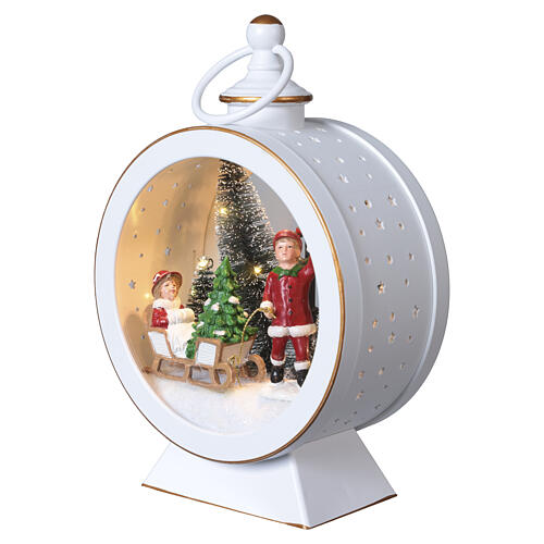 Round white Christmas lantern with children on sled and lights 25cm Bagutta Tendence 3