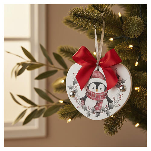 Decorative heart by Thilia, 4x4 in, Christmas penguin and red bow 2