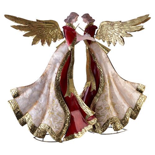 Set 2 pcs Anges stylisés avec trompette rouge, or et ivoire crèche métal 50 cm 3