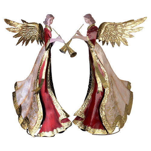 Anioły do szopki, zestaw 2 szt. stylizowanych aniołów z trąbą, czerwono‑złote z ecru, 50 cm, metalowe 5
