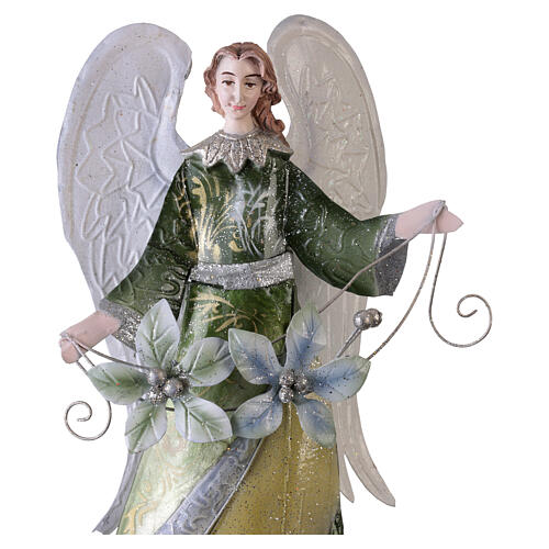 Ángel de Navidad estilizado verde y oro con flores 35 cm, pesebre metálico 2