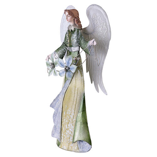 Angelo di Natale stilizzato verde oro con fiori 35 cm presepe metallo 3