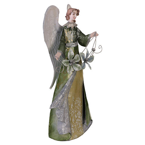 Anjo de Natal estilizado verde e dourado com flores 35 cm presépio metal 4