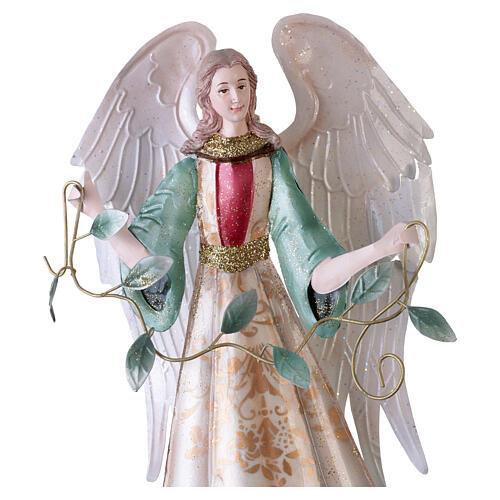 Stylized metal angel statue with green-ivory leaves, 40 cm 2