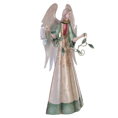 Stylized metal angel statue with green-ivory leaves, 40 cm 3