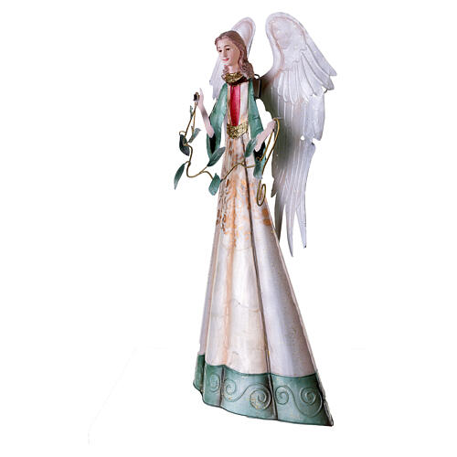 Stylized metal angel statue with green-ivory leaves, 40 cm 4
