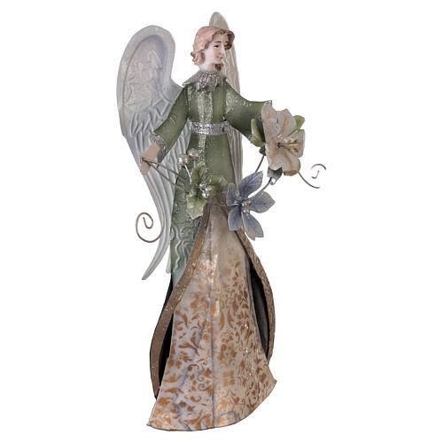 Anjo de Natal verde, marfim e ouro com flores 35 cm para presépio em metal 4
