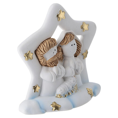 Nativity Holy Family star in resin 7 cm, gold-decorated with light-blue base 3