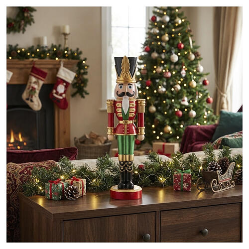 Schiaccianoci natalizio pennacchio dorato uniforme rossa 30x5 cm 2