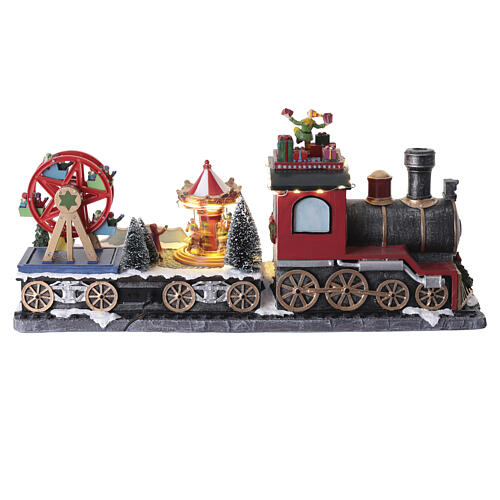 Tren navideño animado luces LED, elfo y tiovivos 25x50x15 cm 8