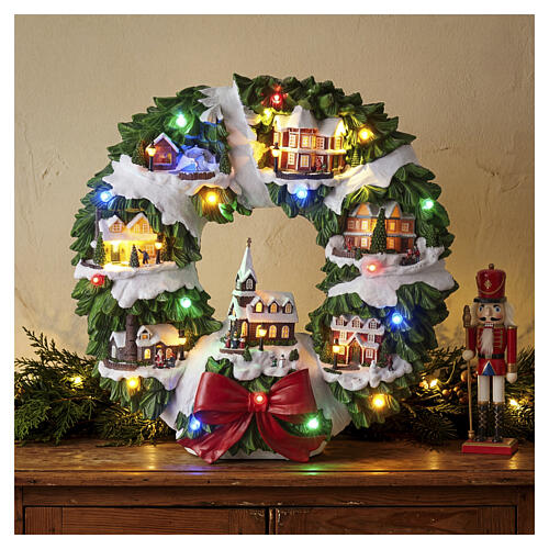 Wall-hanging wreath with Christmas houses, 24x21x4 in 2