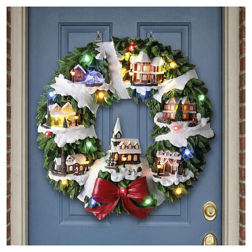 Corona de pared con casas navideñas 60x55x10 cm 3