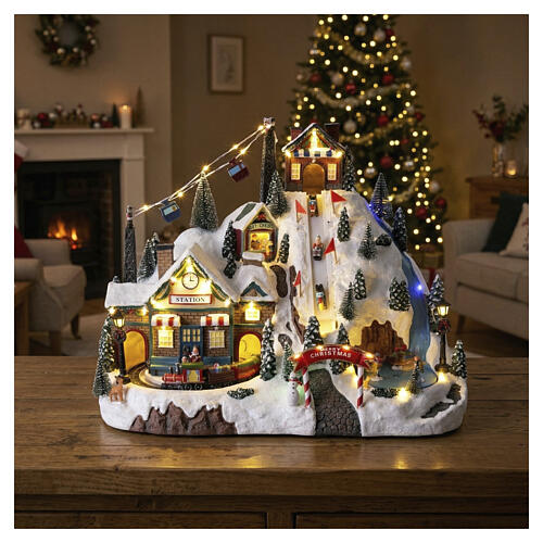 Christmas mountain village with lights and motion, 14x20x12 in 2