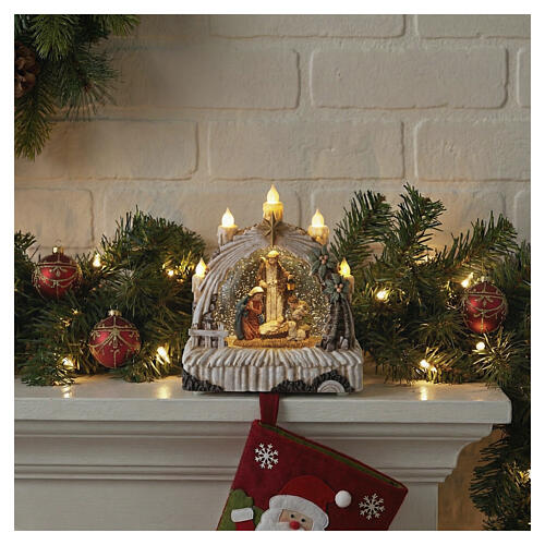 Glass snow globe: Nativity Scene with snow effect and lights, 9x8x3 in 2