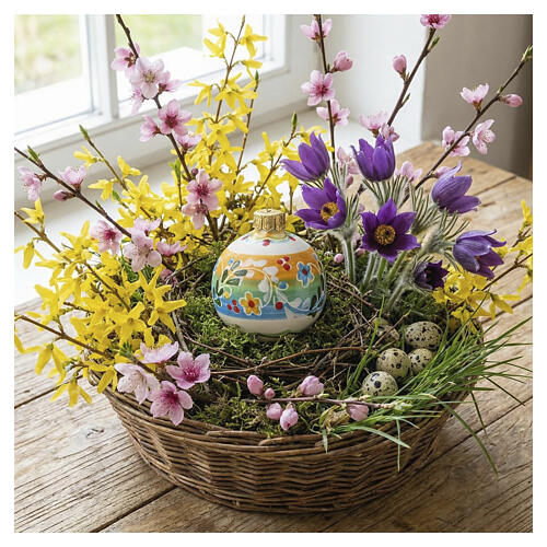 Deruta terracotta northern-lights Easter ball, 3x2.5 in, floral design 2