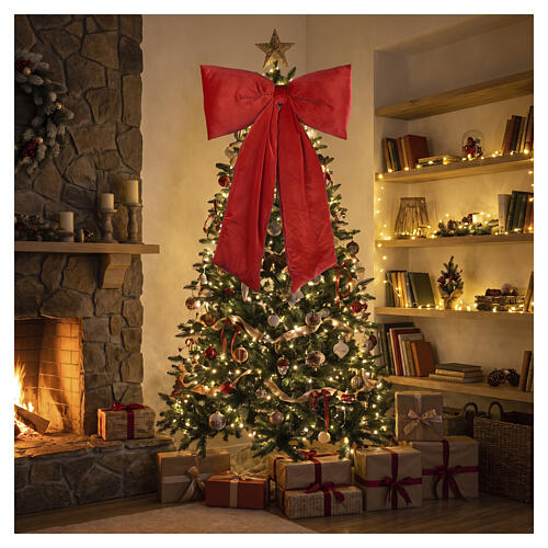 Red velvet-effect Christmas bow with decorative tails 115x80x15 cm 2