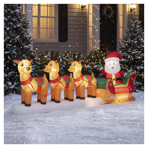Slitta gonfiabile natalizia con Babbo Natale e renne LED 140x355x75 cm da esterno 2