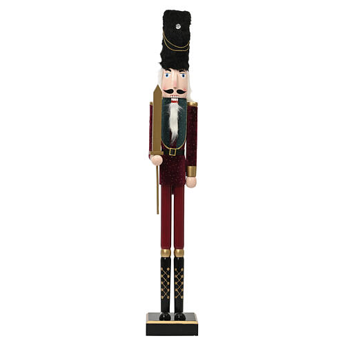 Figura schiaccianoci natalizia in legno di pino con dettagli vellutati rossi 50x10x10 cm 1
