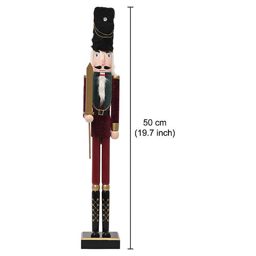 Figura schiaccianoci natalizia in legno di pino con dettagli vellutati rossi 50x10x10 cm 3