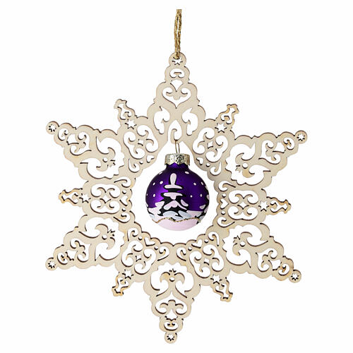 Beech wood star decoration with purple glass ball, 5.5 in, Val Gardena 3
