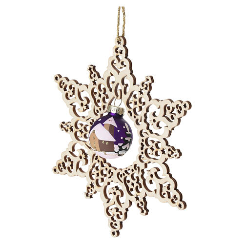Décoration étoile en bois de hêtre pour sapin de Noël avec boule en verre violette 14 cm Val Gardena 2