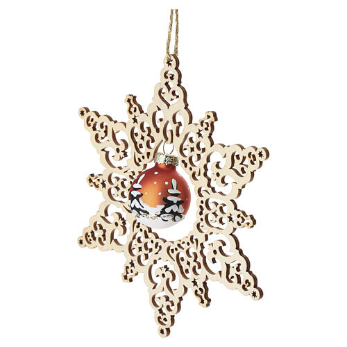 Enfeite estrela de Natal em madeira de faia 14 cm com esfera de vidro laranja Val Gardena 2