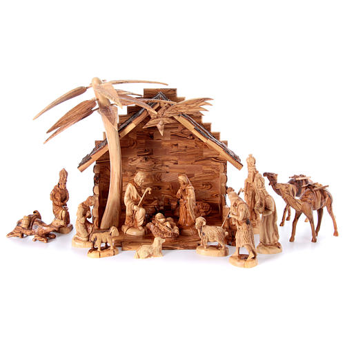 Belén de madera para Navidad hecho de madera de olivo en Tierra Santa –  Belén de 12 piezas con caja de música – Decoración navideña