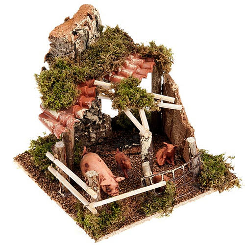Schweine im Zaun mit Dach aus Ziegeln fuer Krippe 1