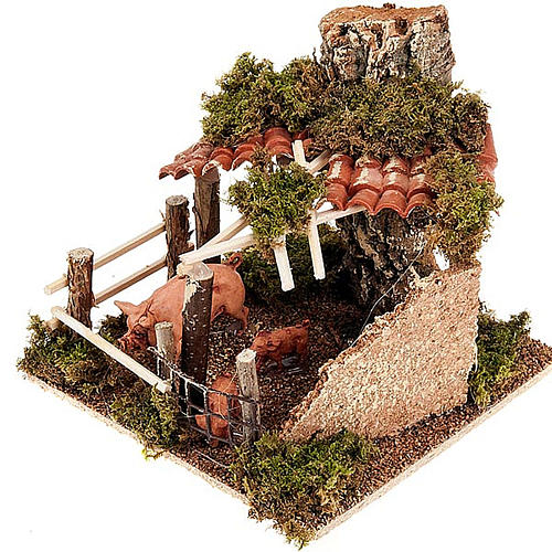 Maiali nel recinto con tettoia in tegole presepe 8-10 cm 2