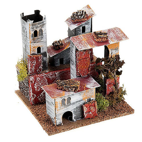 Nativity set accessory, paperboard houses with crenellated roof 2