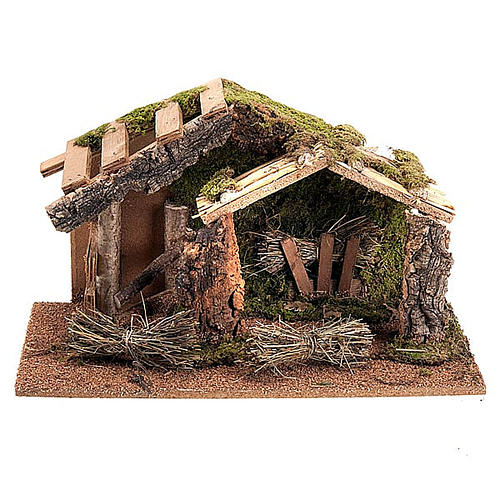 Nativity scene, hut with hay and wooden roof, 43x24x25cm 1