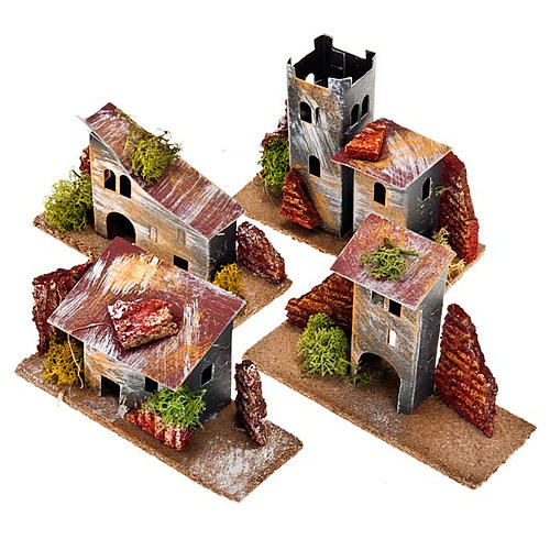 Nativity set accessory, coloured paperboard mixed houses 1