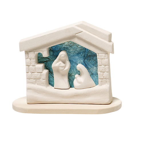 Presepe casetta Natale su base argilla turchese 14,5 cm 1