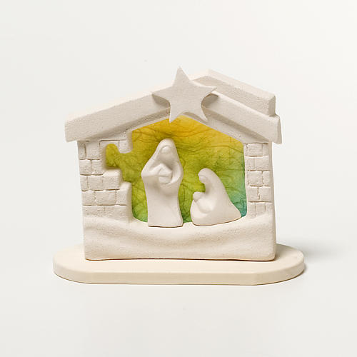 Nativity scene, nativity stable in clay with base, green 14,5cm 2