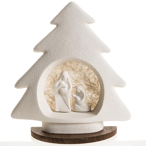 Nativity scene, tree shaped with base in clay, beige 1