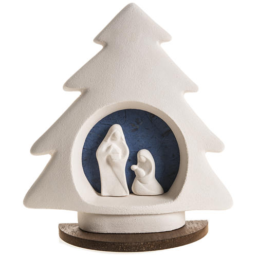 Nativity scene, tree shaped with base in clay, blue 1