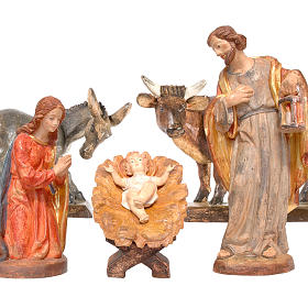 Nativity with ox and donkey in Valgardena wood, Old antique gold