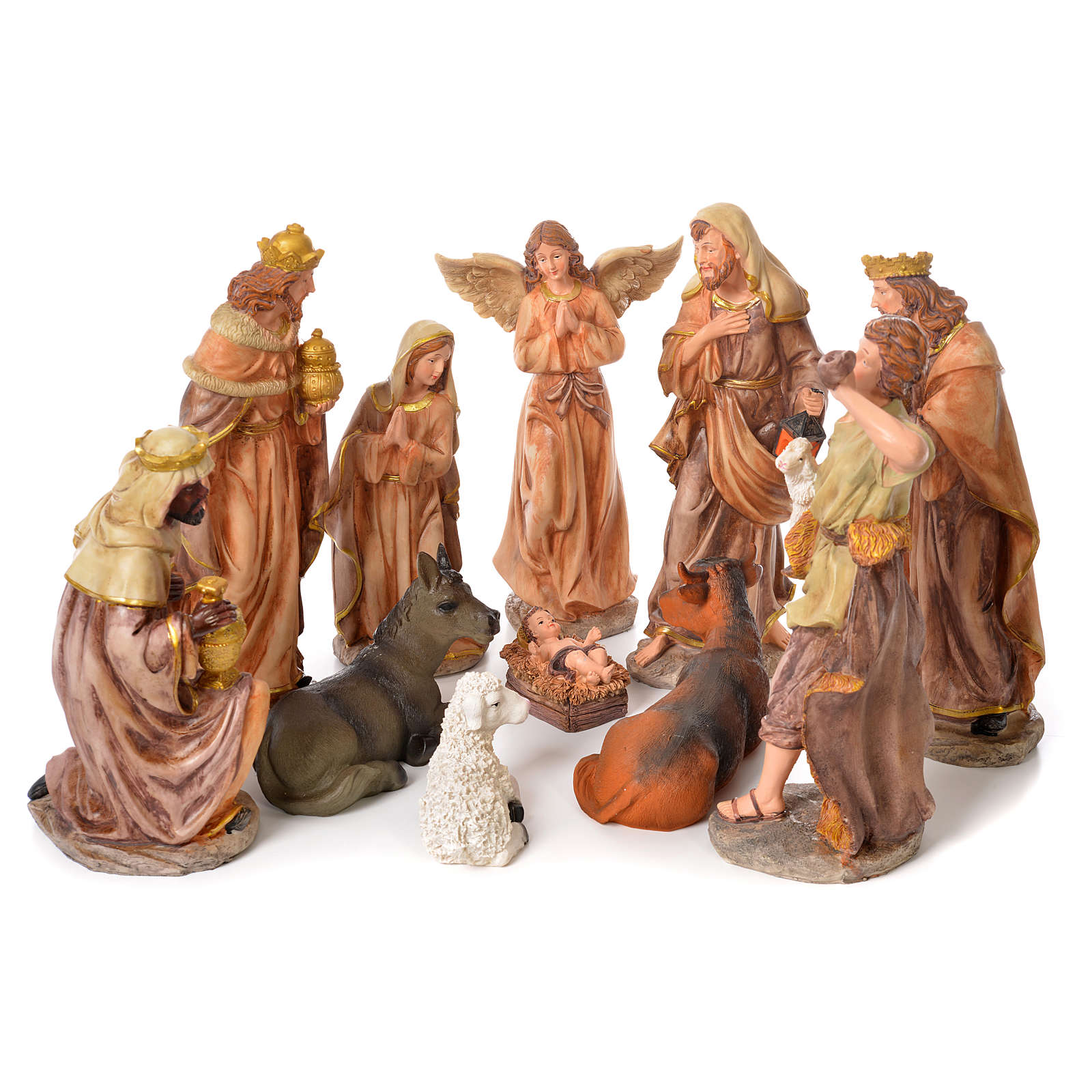 Complete nativity set in natural coloured resin, 11 figurines 31cm