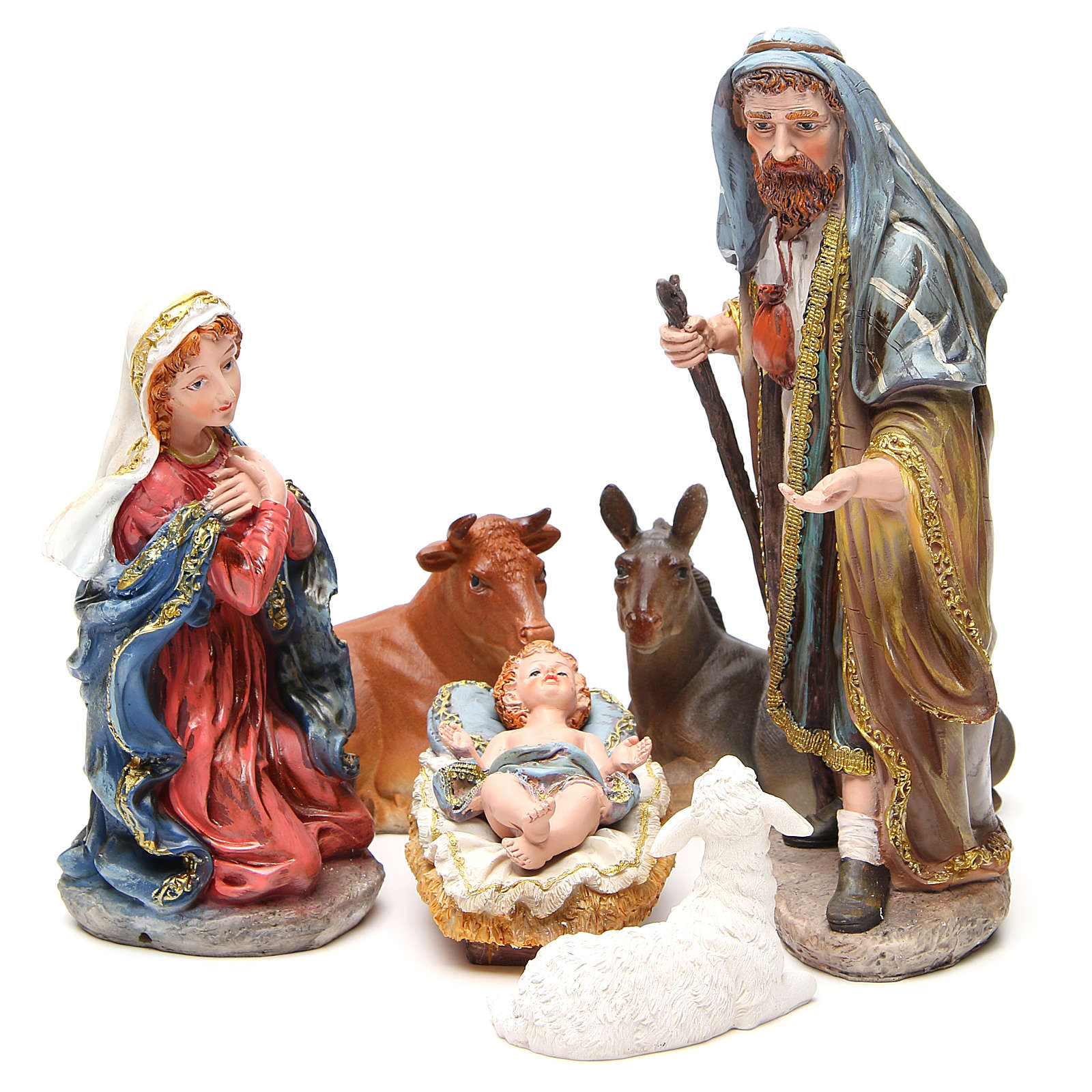 Complete nativity set in multicoloured, gold resin, 6 figurines 30cm 