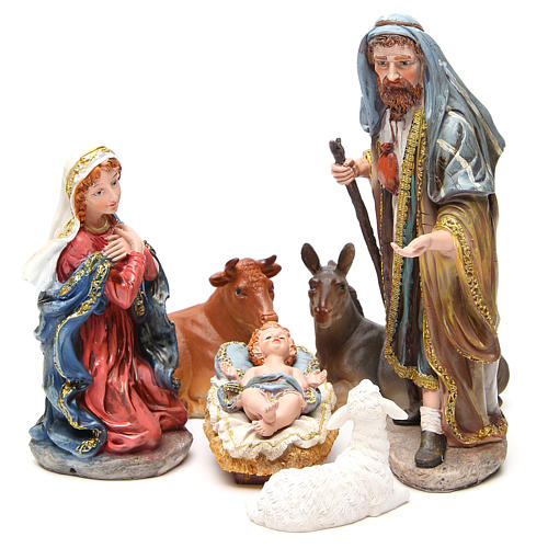 Complete nativity set in multicoloured, gold resin, 6 figurines 30cm 1