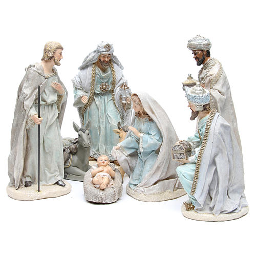 Nativity set in resin measuring 31cm, 8 characters with Blue Grey finish 1