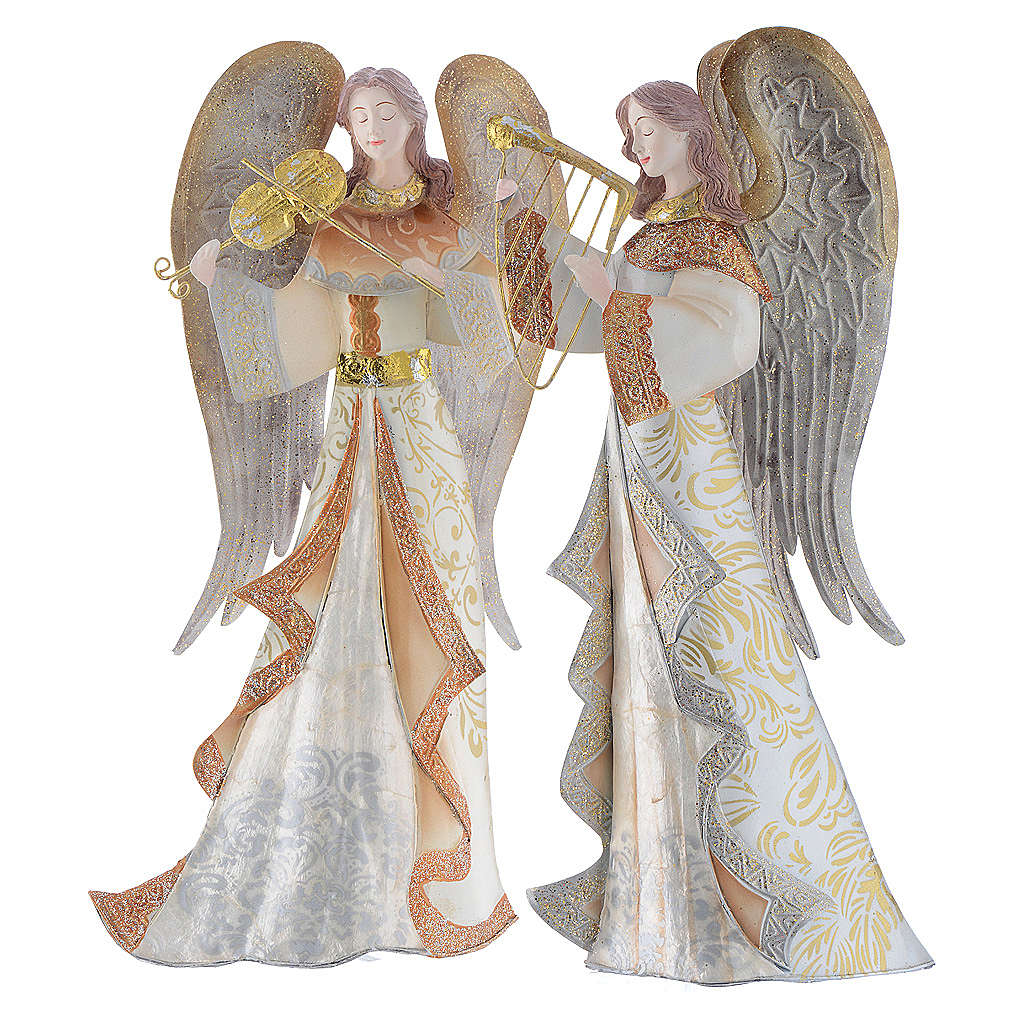Musician Angels, set of 2 pcs, stylised nativity figurines in metal