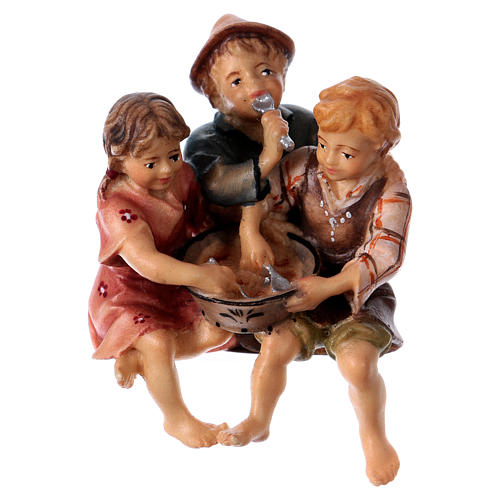 Group of Children Eating, 10 cm Original Nativity model, in painted Valgardena wood 1