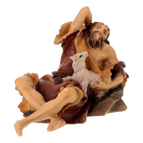 Estatua pastor acostado con cordero belén Original madera pintada Val Gardena 10 cm de altura media 2