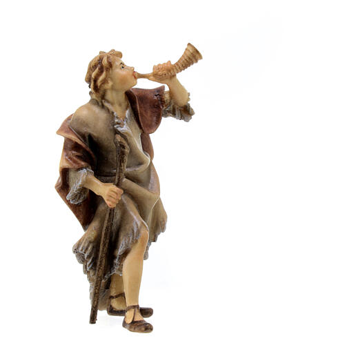 Shepherd with Horn Statue, 10 cm Original Nativity model, in painted Valgardena wood 3